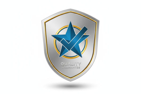 Design : Un badge ou une étoile avec un symbole de coche à l'intérieur, représentant la qualité et la satisfaction